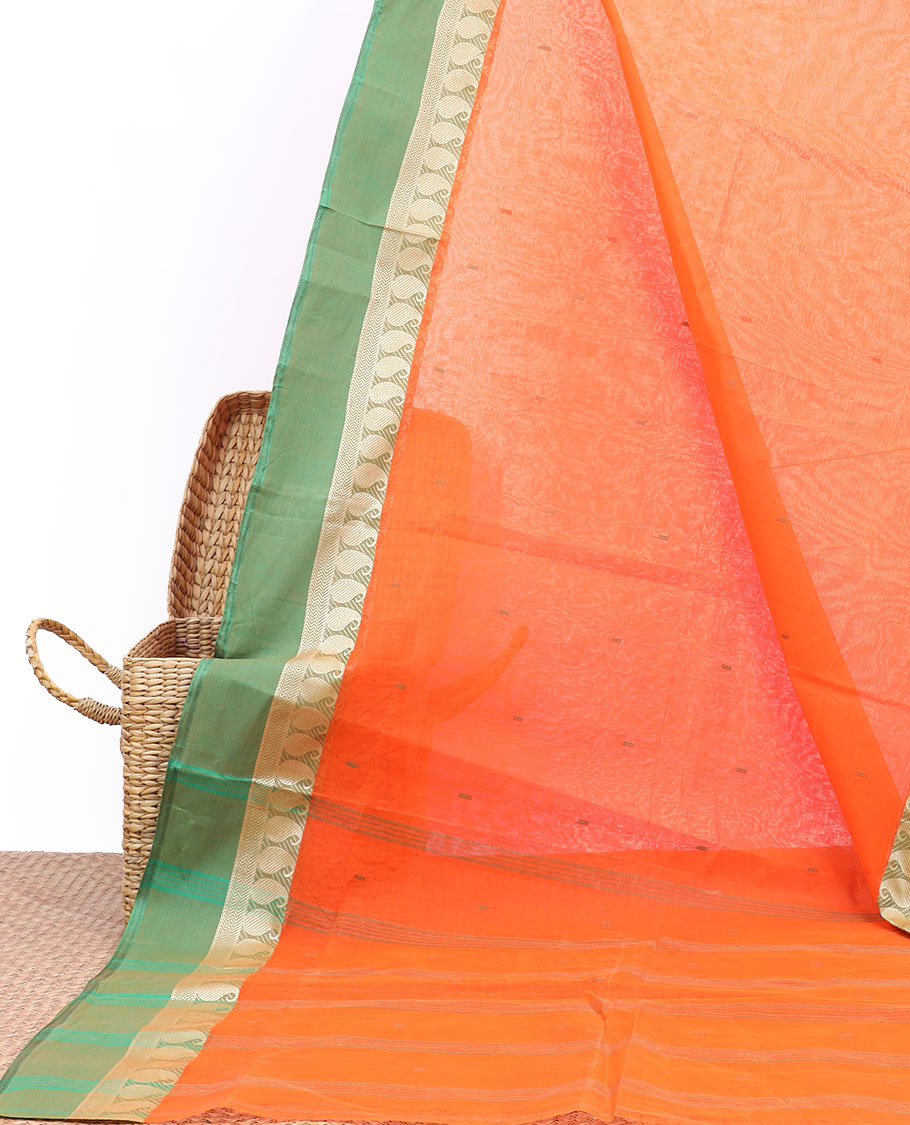 Orange+bengal+cotton+saree+with+all-over+buttas%2C+contrast+border+of+paisley+%26+chevron+designs+%26+pallu+of+stripes