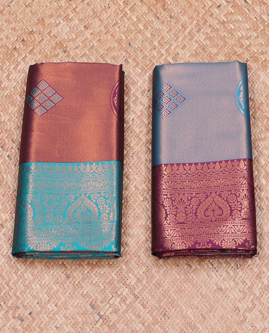 Pack+of+2+combo+litchi+sarees%2Cmaroon+%26+blue+zari+design+sarees+with+contrast+traditional+motif+border+%26+intricate+pallu