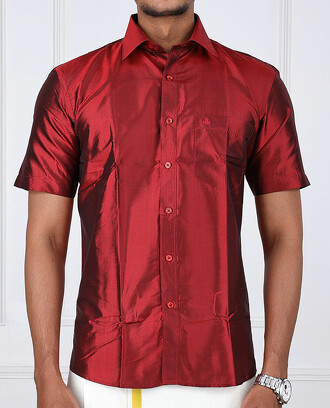 Red+plain+design+half-sleeve+pure-silk+shirt