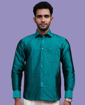 Dark+green+plain+design+full-sleeve+pure-silk+shirt