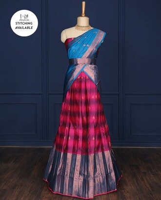 Pink+banaras+half-saree+with+zari+buttas%2C+contrast+zari+butta+blouse%2C+big+traditional+zari+border+%26+intricate+dhavani