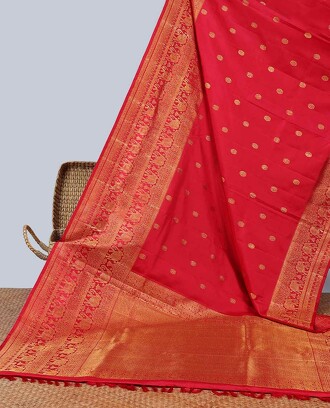 Red+designer+silk+saree+with+zari+buttas