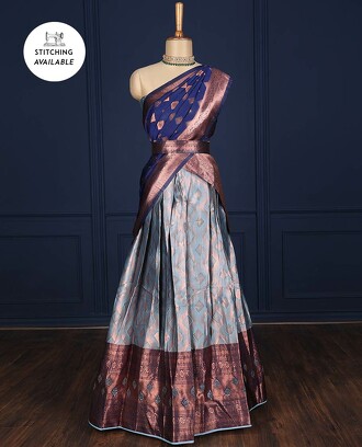 Grey+jacquard+design+art-silk+half-saree%2C+contrast+zari+border%2C+blouse+%26+dhavani+of+intricate+designs
