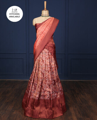 Brown+paisley+art-silk+half-saree%2C+contrast+traditional+design+border%2C+jacquard+blouse+%26+intricate+dhavani