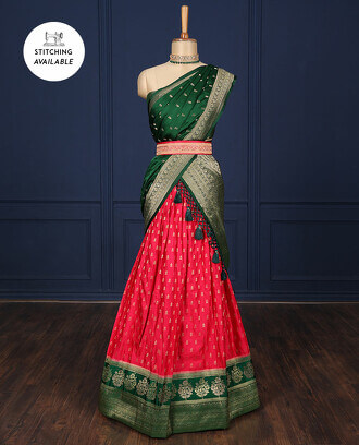 Pink+art-silk+half-saree+with+buttas%2C+contrast+traditional+design+border%2C+jacquard+blouse+%26+intricate+dhavani
