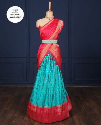 Blue+art-silk+half-saree+with+buttas%2C+contrast+traditional+design+border%2C+jacquard+blouse+%26+intricate+dhavani