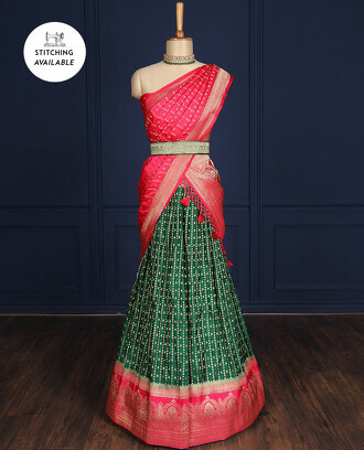 Green+jacquard+art-silk+half-saree%2C+contrast+intricate+motifs+border%2C+jacquard+blouse+%26+intricate+dhavani