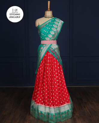 Red+unique+buttas+art-silk+half-saree%2C+contrast+traditional+motifs+border%2C+jacquard+blouse+%26+intricate+dhavani