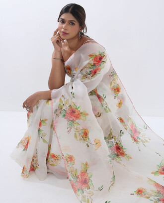 White+embroidered+organza+saree+features+kaleidoscopic+colored+floral+motifs+print+%26+scallop+threadwork+border