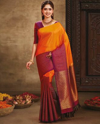 Orange+%26+purple+vasundhara+silk+mix+saree+with+zari+stripes+%26+buttas%2C+contrast+pallu+of+jaal+designs