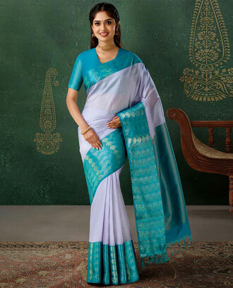 Blue+embossed+vasundhara+silk+mix+saree%2C+contrast+zari+scallop+border+%26+pallu+of+jaal+designs