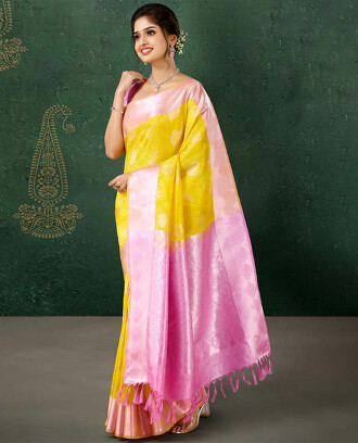 Yellow+vasundhara+silk+mix+saree+with+buttas%2C+contrast+zari+border+%26+pallu+of+intricate+designs