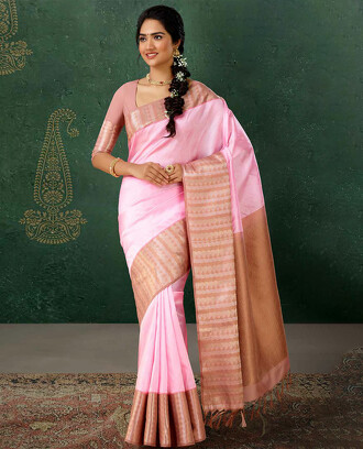 Pink+embossed+vasundhara+silk+mix+saree%2C+contrast+zari+border+%26+pallu+of+intricate+designs