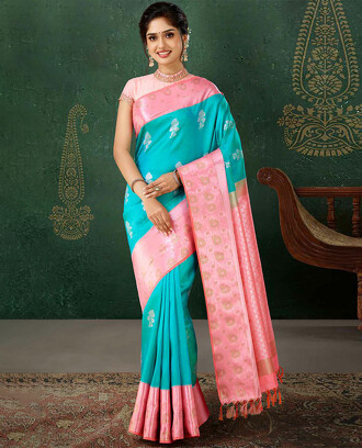Green+vasundhara+silk+mix+saree+with+floral+buttas%2C+contrast+floral+design+zari+border+%26+intricate+design+pallu
