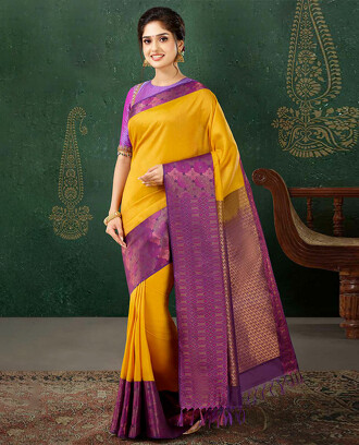 Orange+embossed+vasundhara+silk+mix+saree%2C+contrast+floral+design+zari+border+%26+pallu+of+jaal+designs