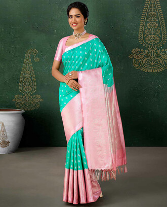 Green+embossed+vasundhara+silk+mix+saree+with+buttas%2C+contrast+ogee+design+border+%26+pallu+of+intricate+designs