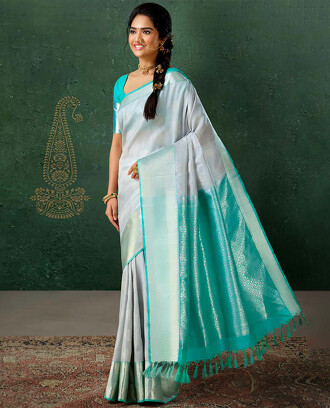 Grey+vasundhara+silk+mix+saree+with+buttas%2C+contrast+traditional+zari+design+border+%26+pallu+of+intricate+designs