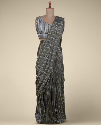 Borderless+scintillating+green+striped+readymade+georgette+saree+with+a+gleaming+sleeveless+V-neck+blouse