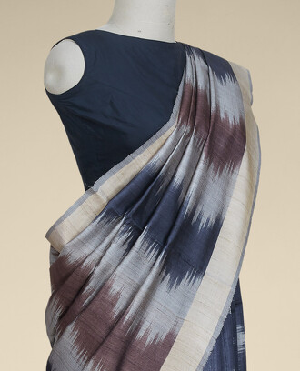 Multi-color+geometric+patterned+tusser+silk+saree%2C+plain+border
