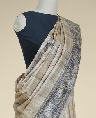 Beige+Madhubani-style+printed+tusser+silk+saree+with+buttas%2C+self-border+%26+pallu+of+Madhubani-style+figurines