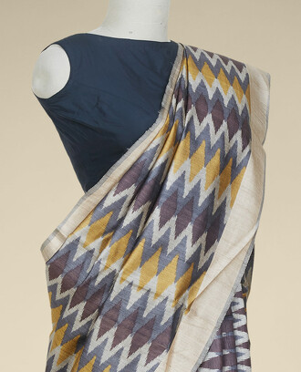 Multi-color+chevron+striped+tusser+silk+saree%2C+contrast+plain+border