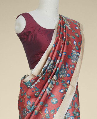 Maroon+kalamkari-style+floral+vine+printed+tusser+silk+saree%2C+contrast+plain+border+