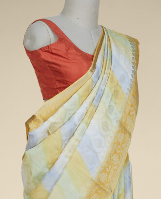 Multi-color+banaras+rangkat-style+ogee+jacquard+design+mysore+silk+saree%2C+contrast+floral+creeper+border