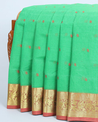 Green+bengal+cotton+saree+with+all-over+buttas%2C+contrast+floral+creeper+design+border+%26+pallu+of+stripes