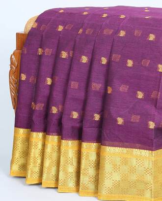 Purple+bengal+cotton+saree+with+all-over+buttas%2C+contrast+zari+design+border+%26+pallu+of+stripes