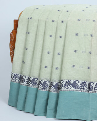 Pale+green+bengal+cotton+saree+with+all-over+paisleys%2C+contrast+paisley+%26+floral+creeper+border+%26+pallu+of+stripes