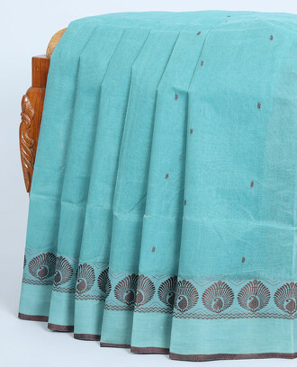 Blue+bengal+cotton+saree+with+all-over+unique+thread+buttas%2C+self-border+%26+pallu+of+stripes