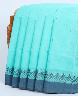 Blue+bengal+cotton+saree+with+all-over+buttas%2C+contrast+border+of+unique+designs+%26+pallu+of+stripes