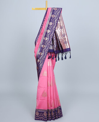 Pink+butter+silk+saree+with+zari+buttas%2C+contrast+zari+border+%26+pallu+of+intricate+designs+