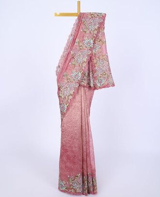 Pink+plain+body+crushed+saree%2C+scallop+cut+work+embroideried+border+of+colorful+floral+motifs+