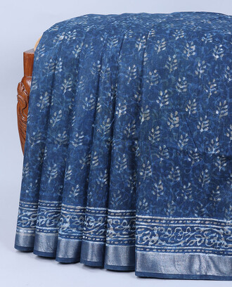 Blue+printed+linen+saree+with+floral+buttas%2C+self-border+%26+pallu+of+intricate+designs