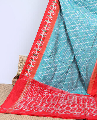 Blue+ikkat+saree+with+chevron+stripes%2C+contrast+argyle+border+%26+pallu+of+argyle+designs