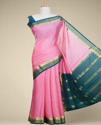Pink+plain+design+mysore+silk+saree%2C+contrast+zari+border+of+paisley+designs+%26+pallu+of+zari+stripes