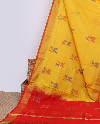Yellow+uppada+saree+with+floral+buttas%2C+contrast+plain+border+%26+pallu+of+floral+designs+