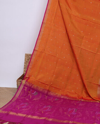 Orange+uppada+saree+with+unique+buttas+all+over+its+body%2C+plain+border+%26+contrast+floral+design+pallu