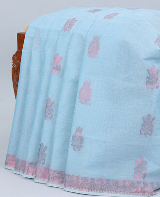 Blue+coimbatore+cotton+saree+with+buttas%2C+self-border+%26+pallu+of+intricate+designs+