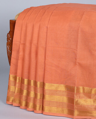 Orange+plain+design+cotton+saree%2C+zari+striped+border+%26+pallu+of+stripes