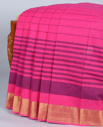 Pink+striped+cotton+saree%2C+zari+border+%26+pallu+of+checks+%26+stripes