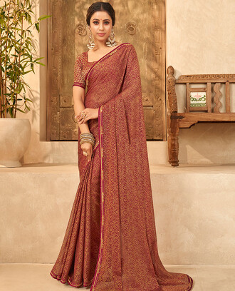 Maroon+intricate+floral+printed+casual+wear+brasso+saree%2C+embroidered+border