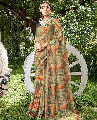 Green+abstract-style+printed++casual+wear+brasso+saree%2C+microstone+work+border