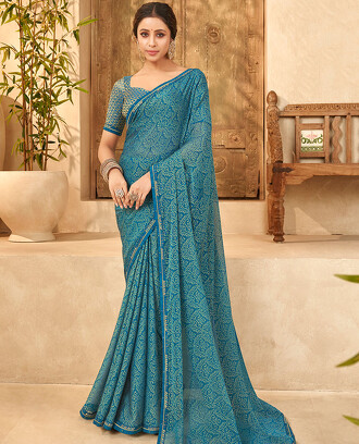 Blue+intricate+floral+printed+casual+wear+brasso+saree%2C+embroidered+border