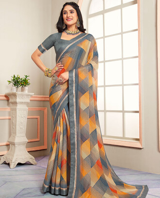 Multi-color+abstract-style+argyle+printed+casual+wear+brasso+saree%2C+striped+border