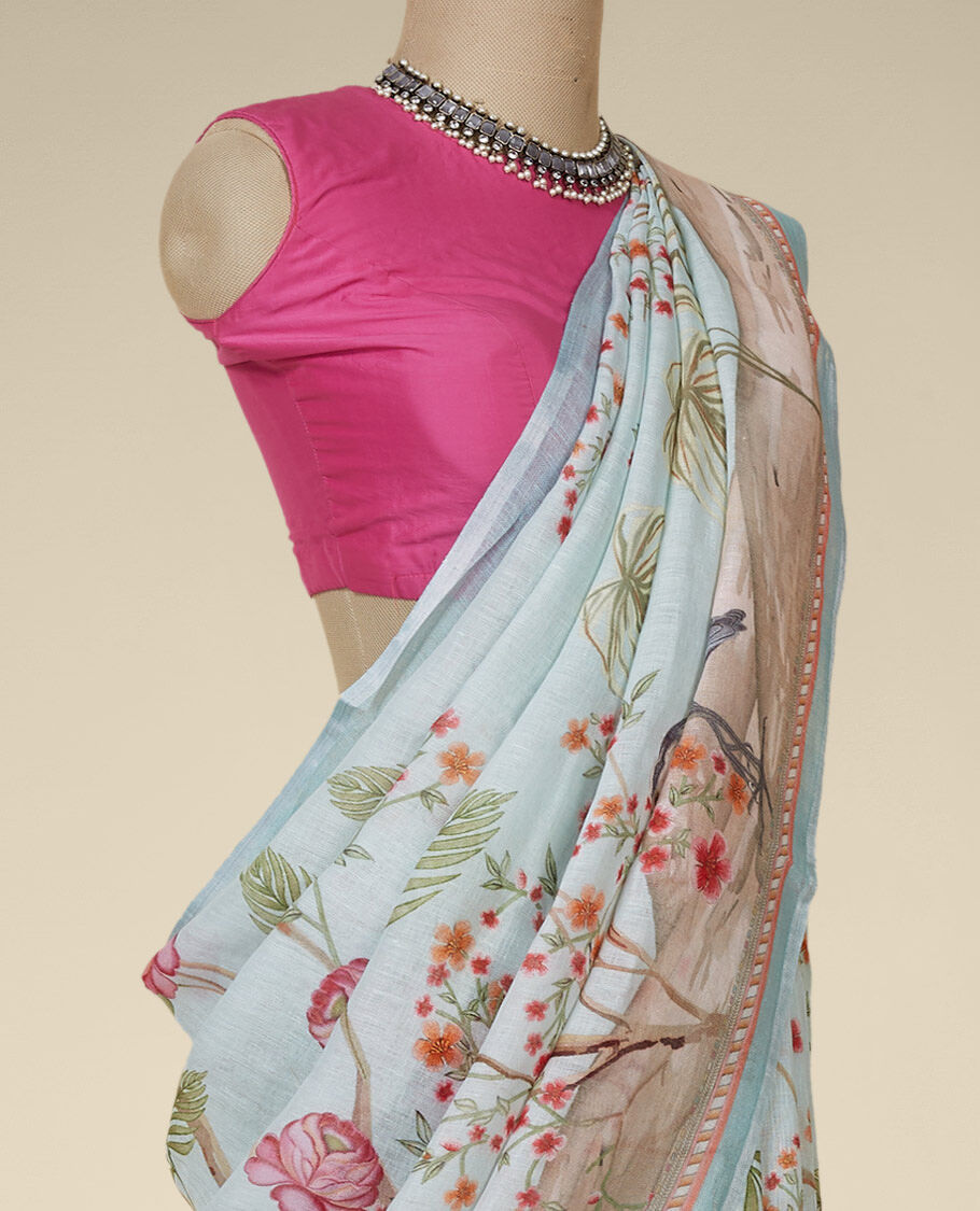 Buy Green Printed Floral Linen Saree With Running Blouse For Women by  Samyukta Singhania Online at Aza Fashions.