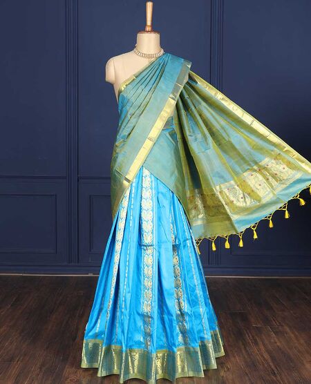Green&Blue Half And Half Handwoven Kanchipuram Korvai Silk Saree