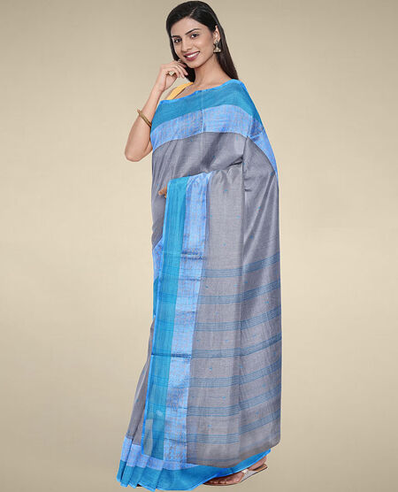 Grey 5.5 Mtrs + 0.8 Mtrs Bengal Handloom Khadi Cotton Designer Saree