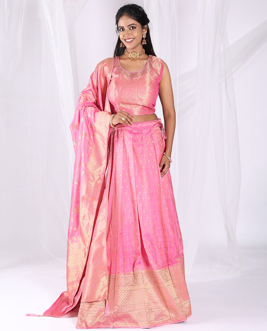 Pink Colour Rose Flower Embroidery and Sequins Work Design Phantom Silk  Readymade Blouse Saree For Lehenga Choli - MESMORE - 3457280